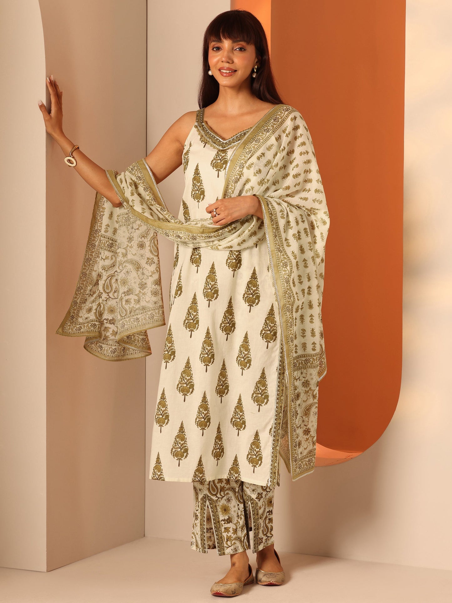 Off White Printed Cotton Straight Suit Set With Dupatta