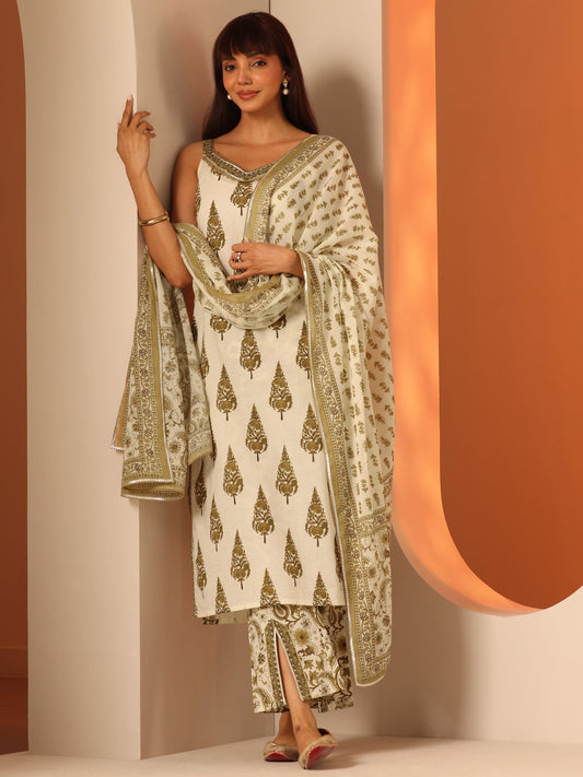Off White Printed Cotton Straight Suit Set With Dupatta