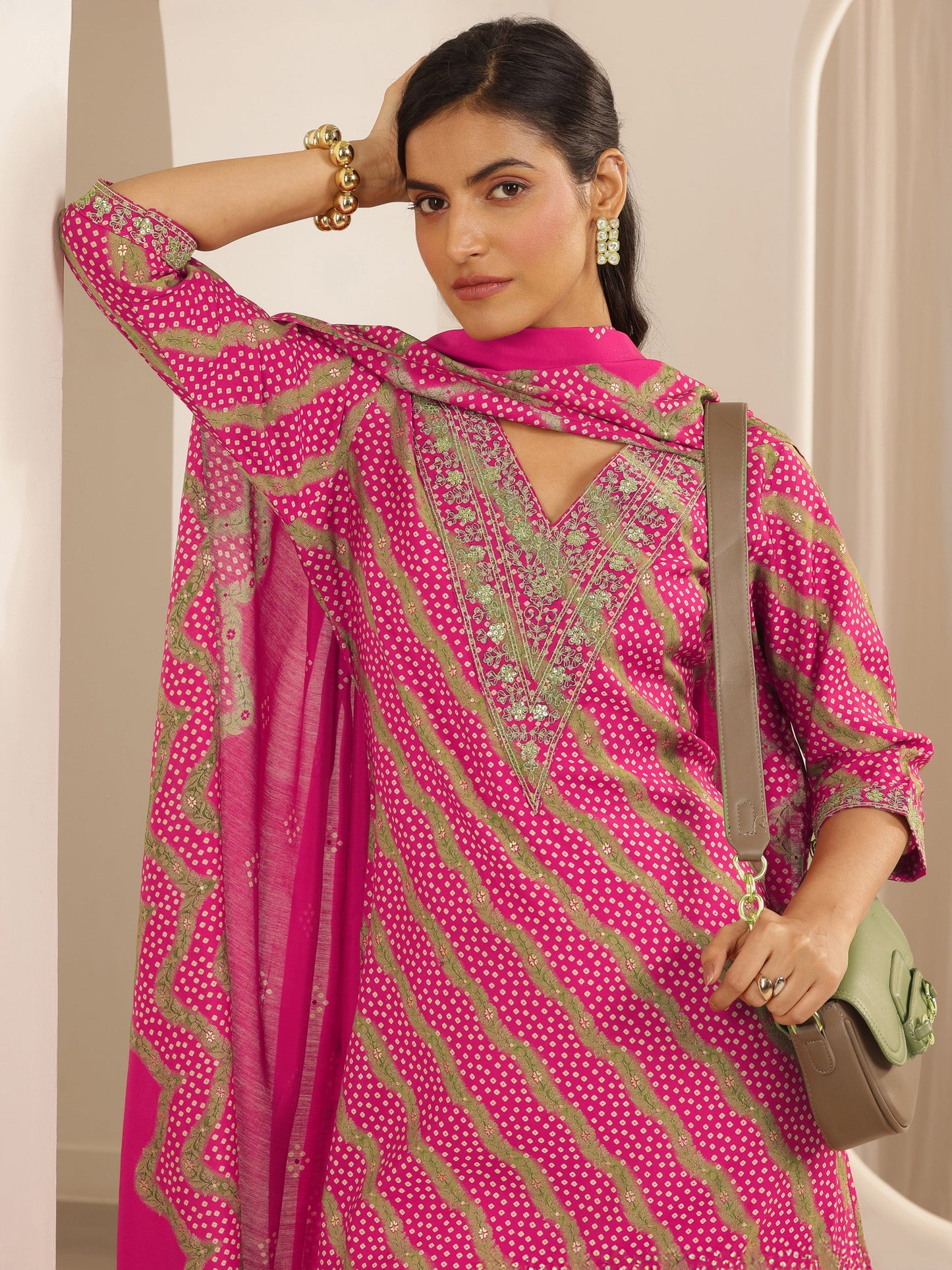 Pink Printed Silk Blend Straight Suit Set With Dupatta