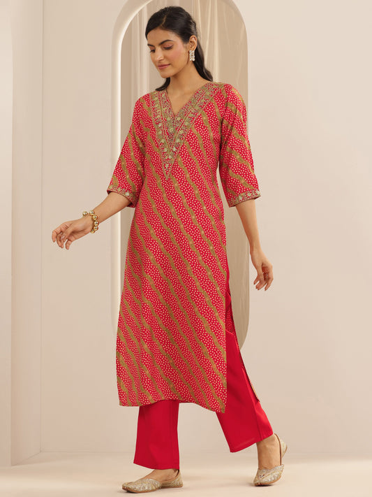 Red Printed Silk Blend Straight Suit Set With Dupatta