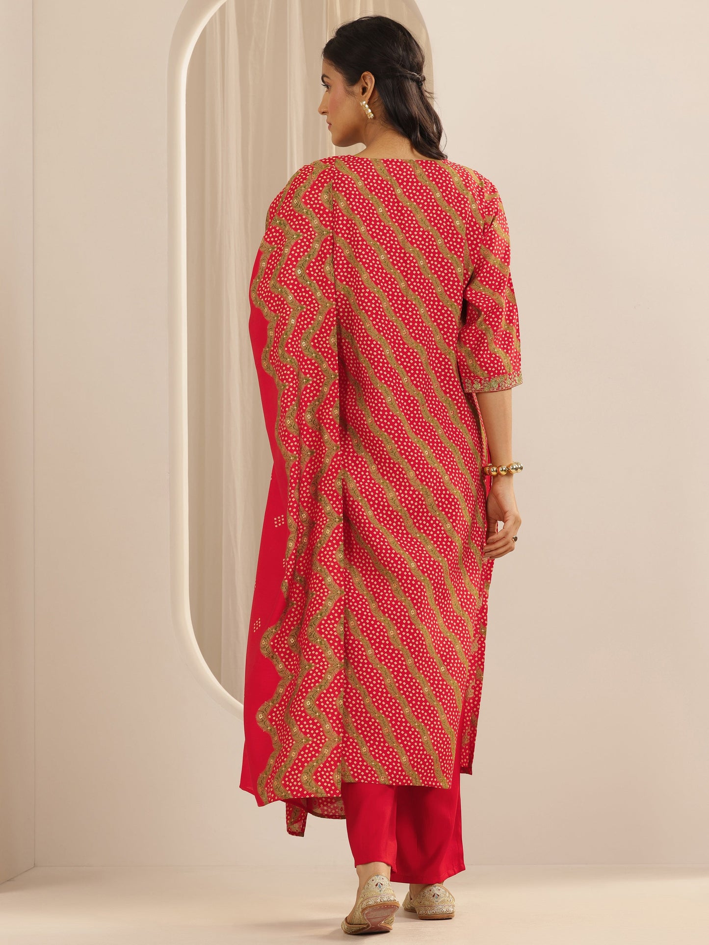 Red Printed Silk Blend Straight Suit Set With Dupatta
