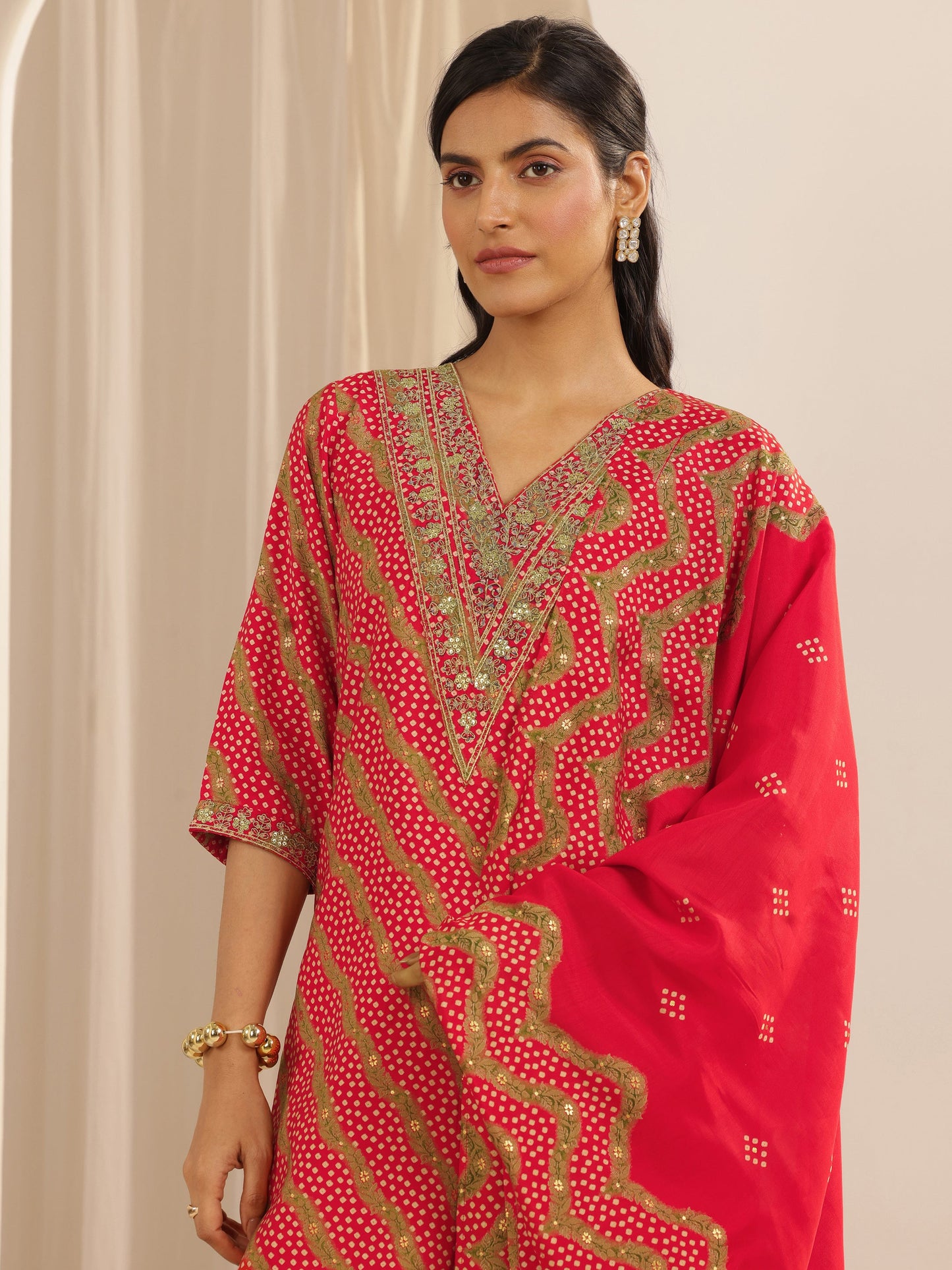 Red Printed Silk Blend Straight Suit Set With Dupatta