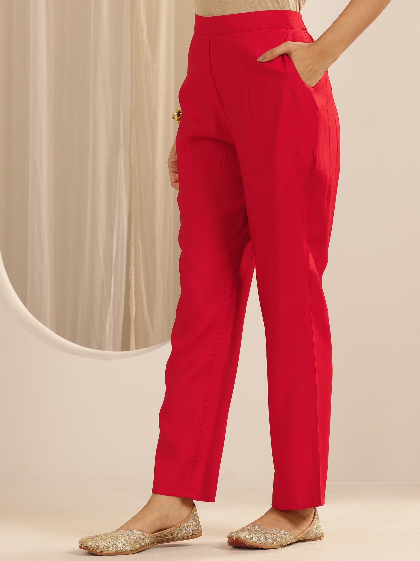 Red Printed Silk Blend Straight Suit Set With Dupatta