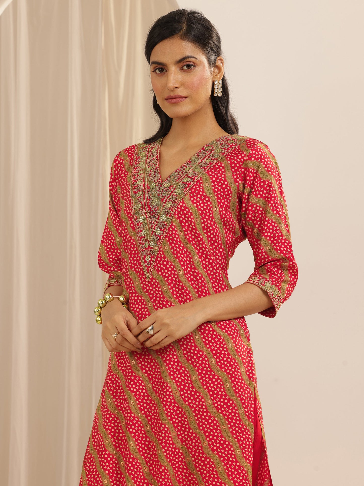 Red Printed Silk Blend Straight Suit Set With Dupatta