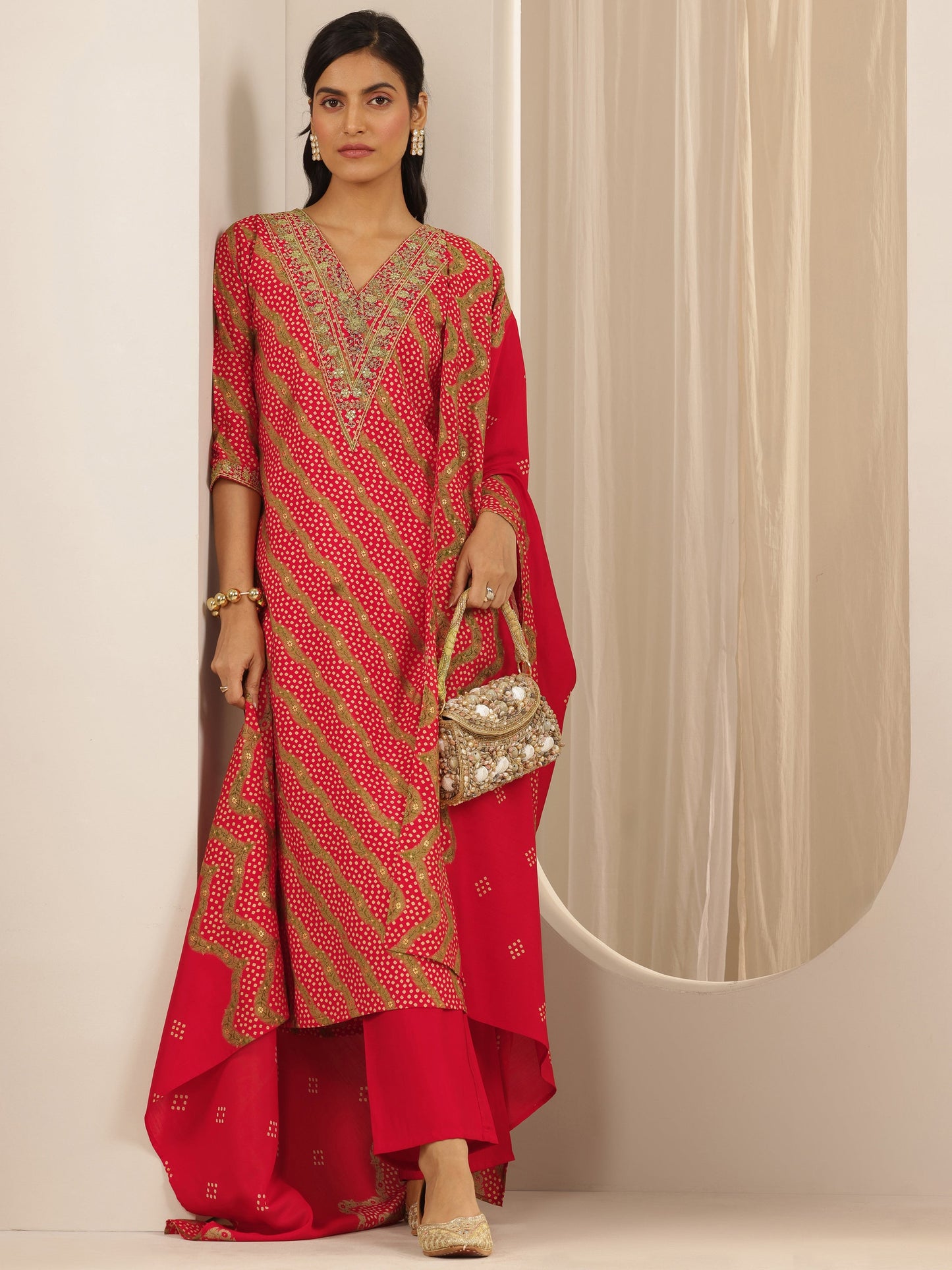 Red Printed Silk Blend Straight Suit Set With Dupatta