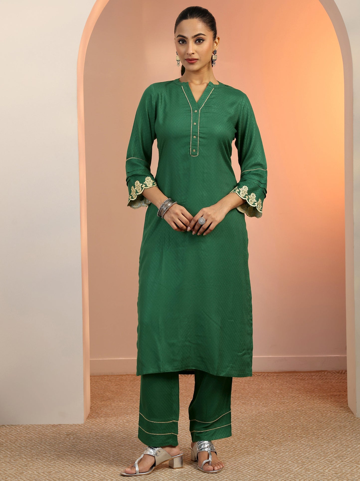 Green Solid Rayon Straight Kurta Set