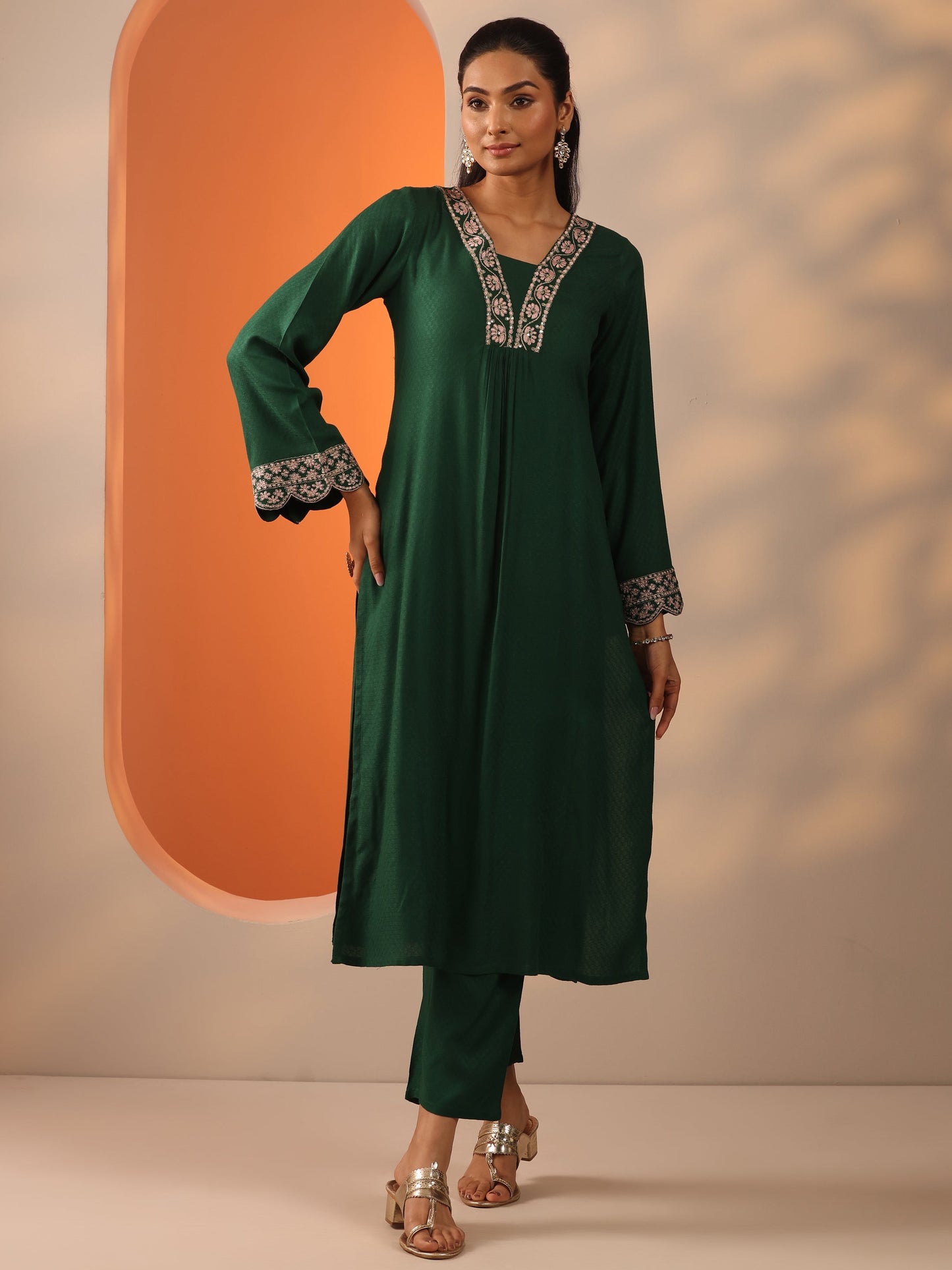 Green Embroidered Rayon Straight Kurta Set