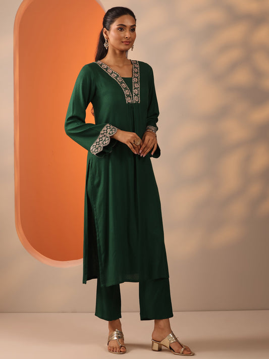 Green Embroidered Rayon Straight Kurta Set