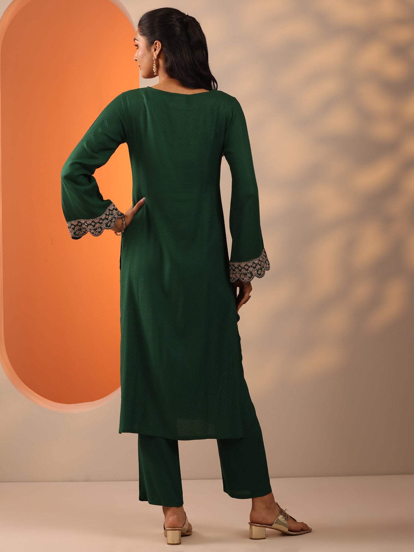 Green Embroidered Rayon Straight Kurta Set