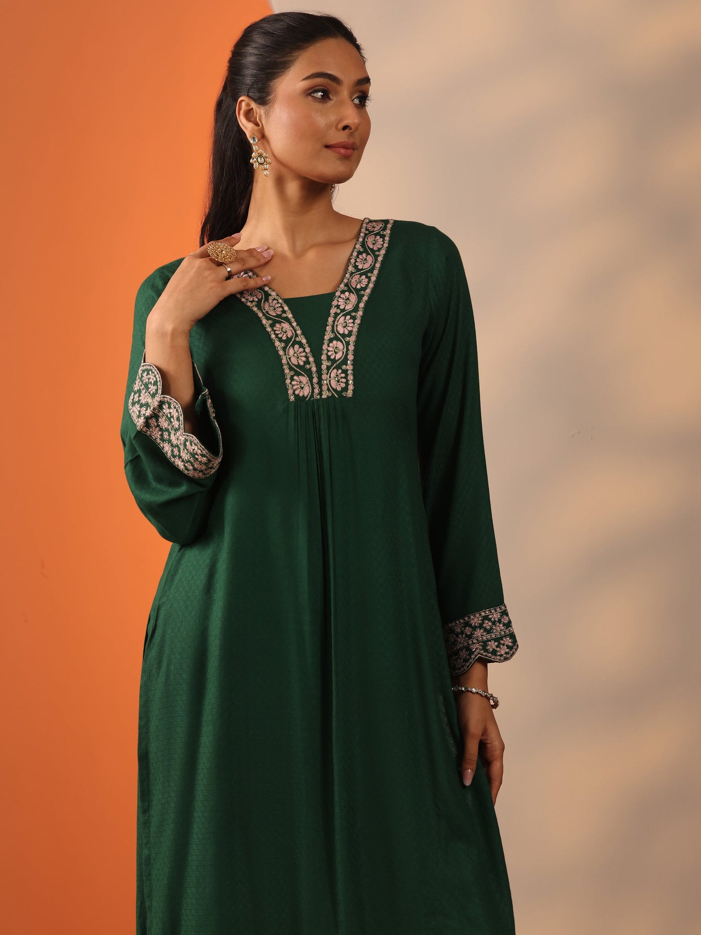 Green Embroidered Rayon Straight Kurta Set