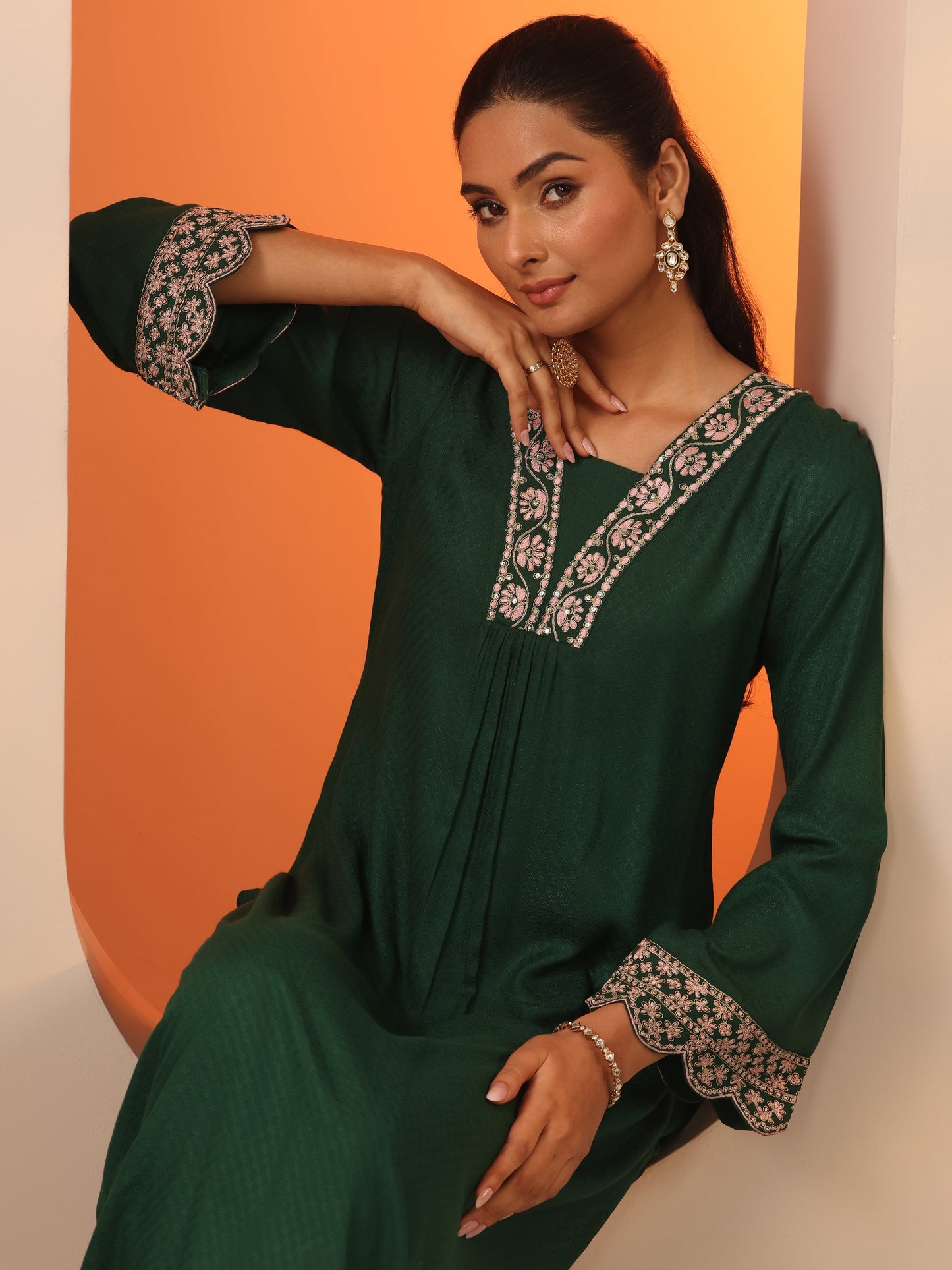 Green Embroidered Rayon Straight Kurta Set