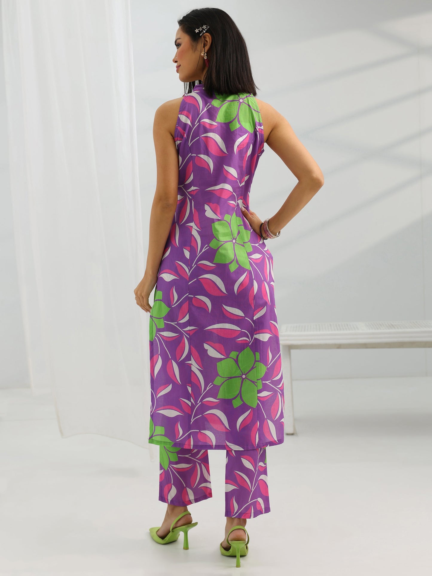 Purple Printed Rayon Straight Kurta Set