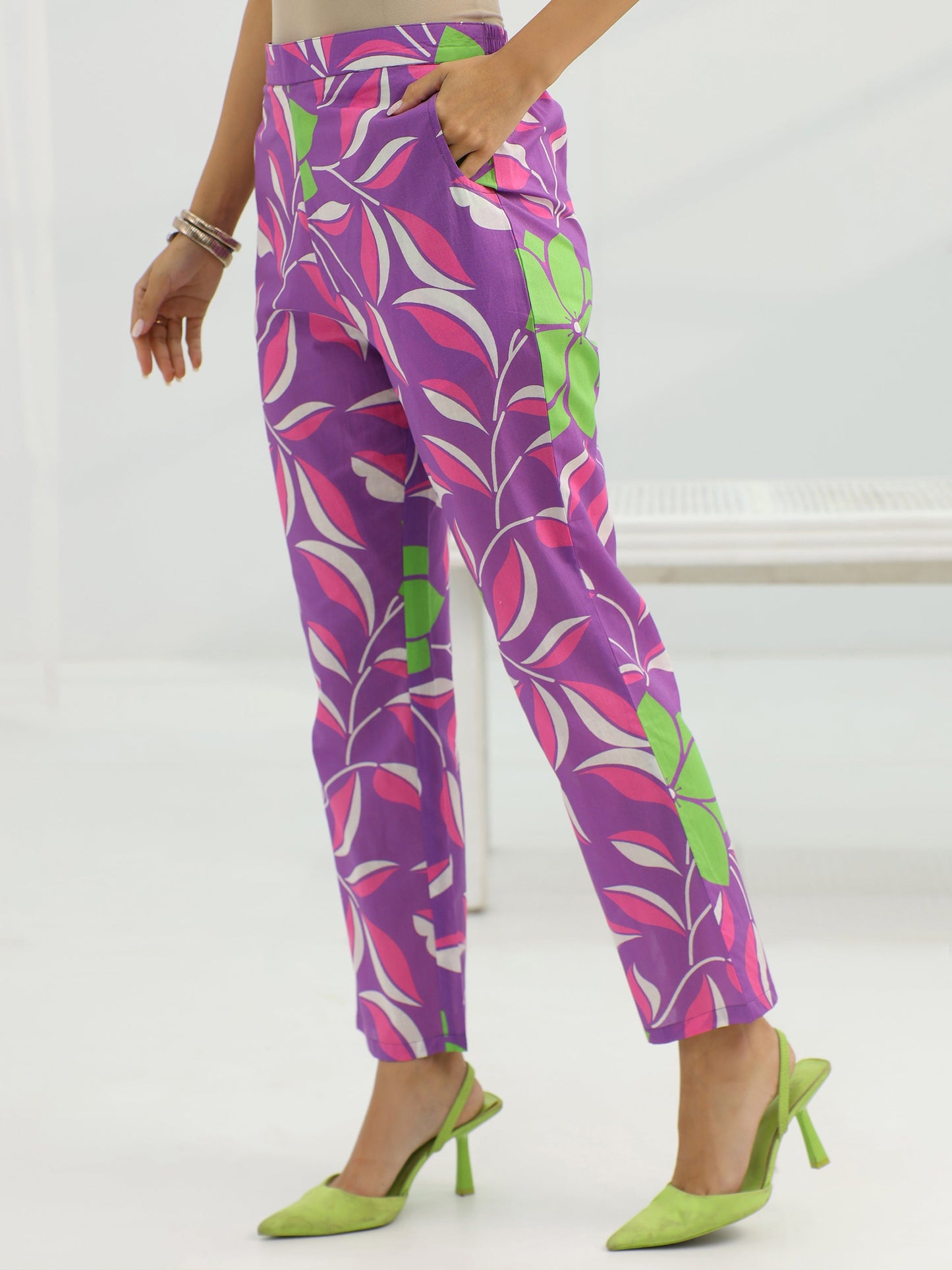 Purple Printed Rayon Straight Kurta Set