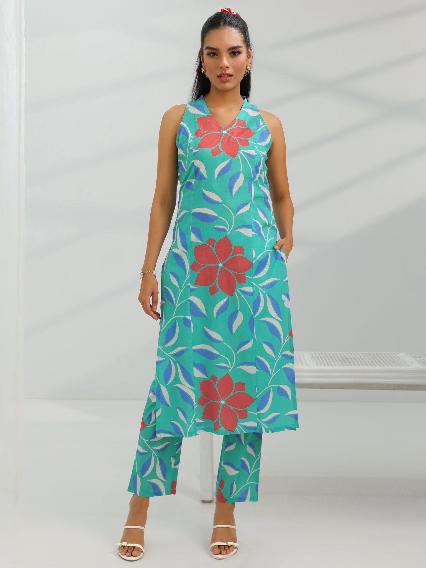 Blue Printed Rayon Straight Kurta Set