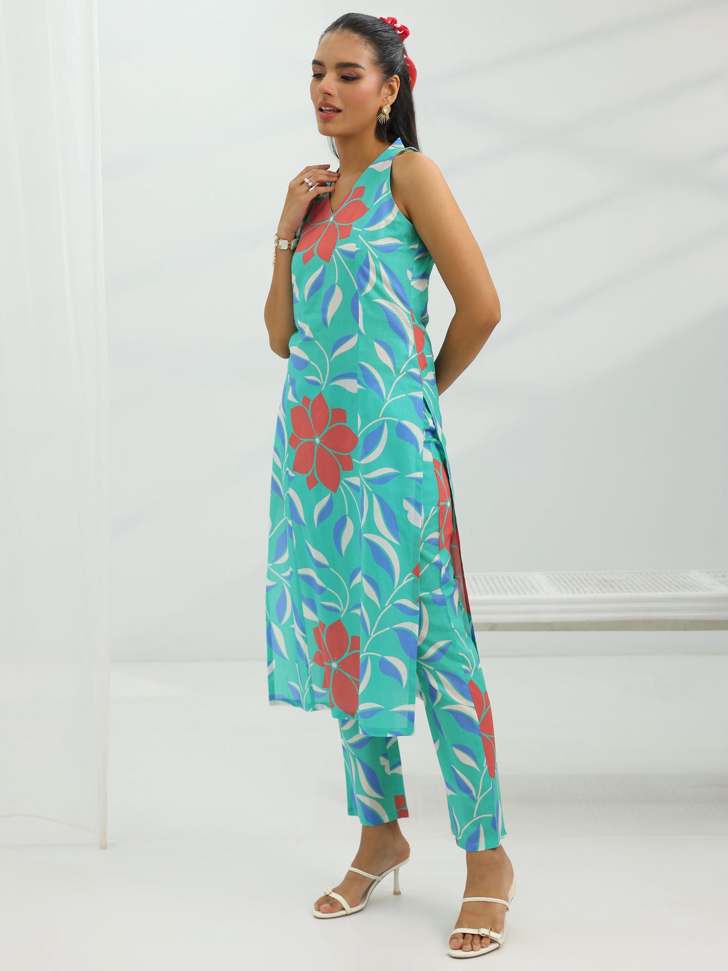 Blue Printed Rayon Straight Kurta Set