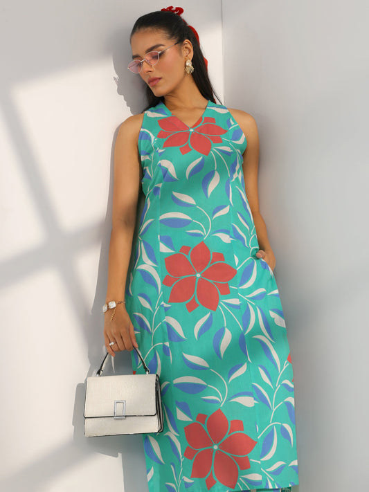 Blue Printed Rayon Straight Kurta Set