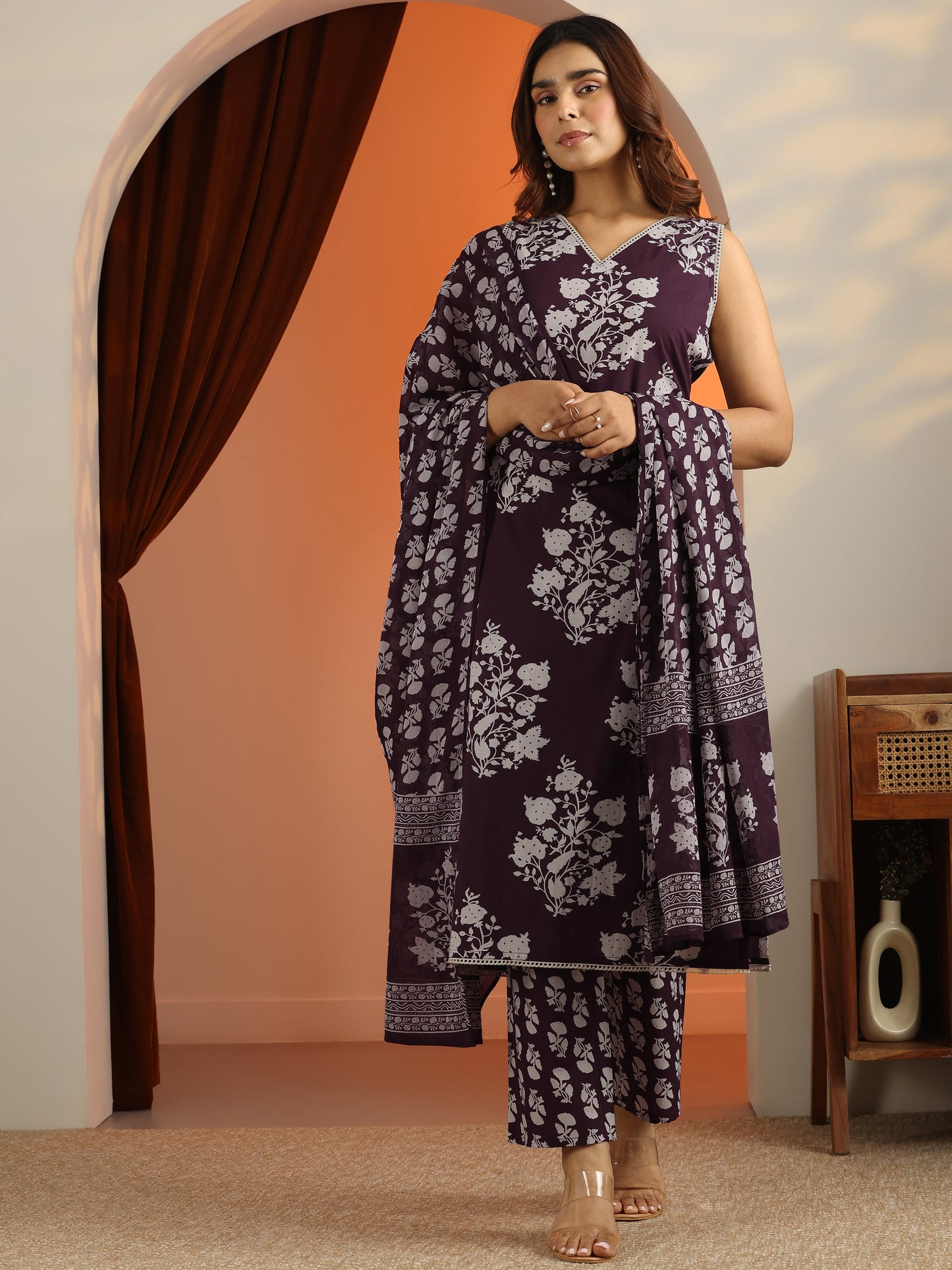 Burgundy Printed Cotton Straight Suit Set With Dupatta
