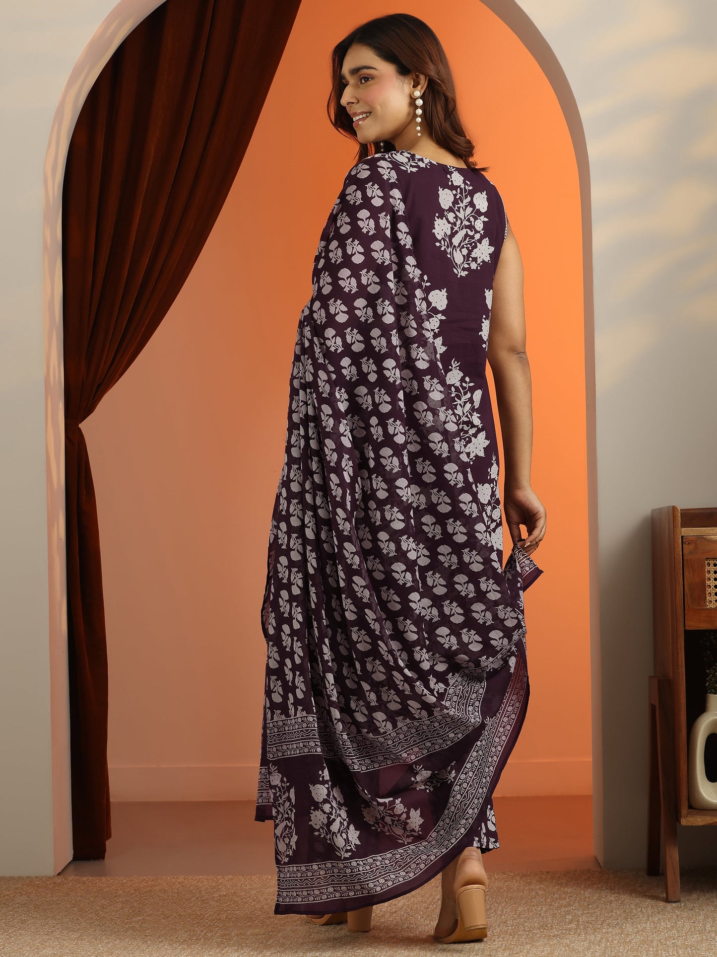 Burgundy Printed Cotton Straight Suit Set With Dupatta