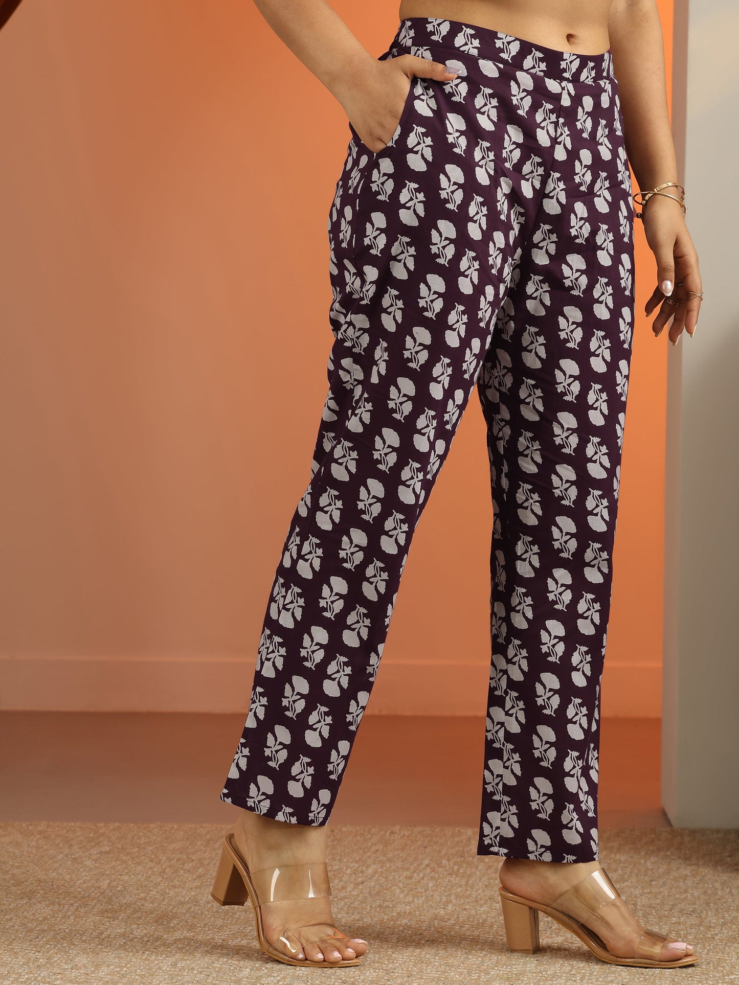 Burgundy Printed Cotton Straight Suit Set With Dupatta