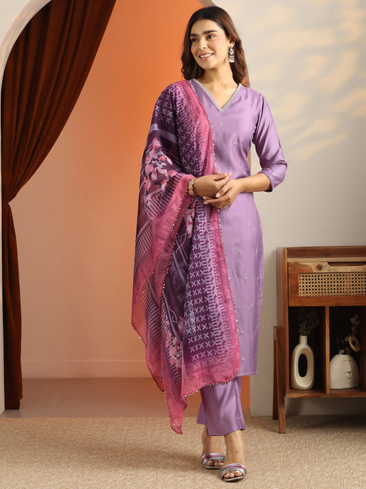 Mauve Embroidered Silk Blend Straight Suit Set With Dupatta