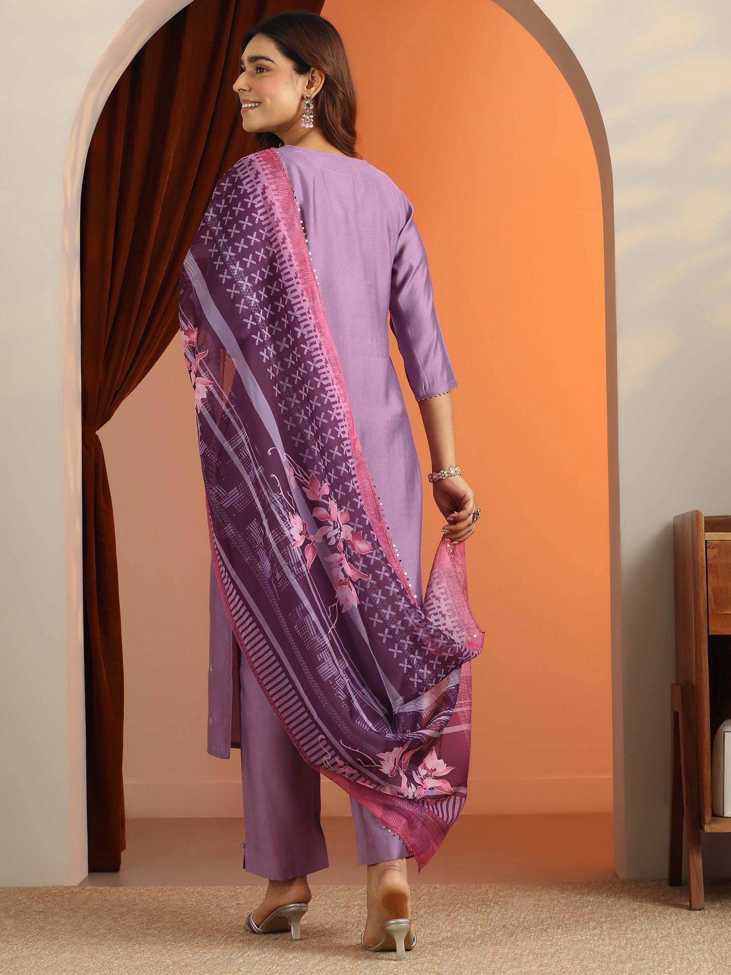 Mauve Embroidered Silk Blend Straight Suit Set With Dupatta