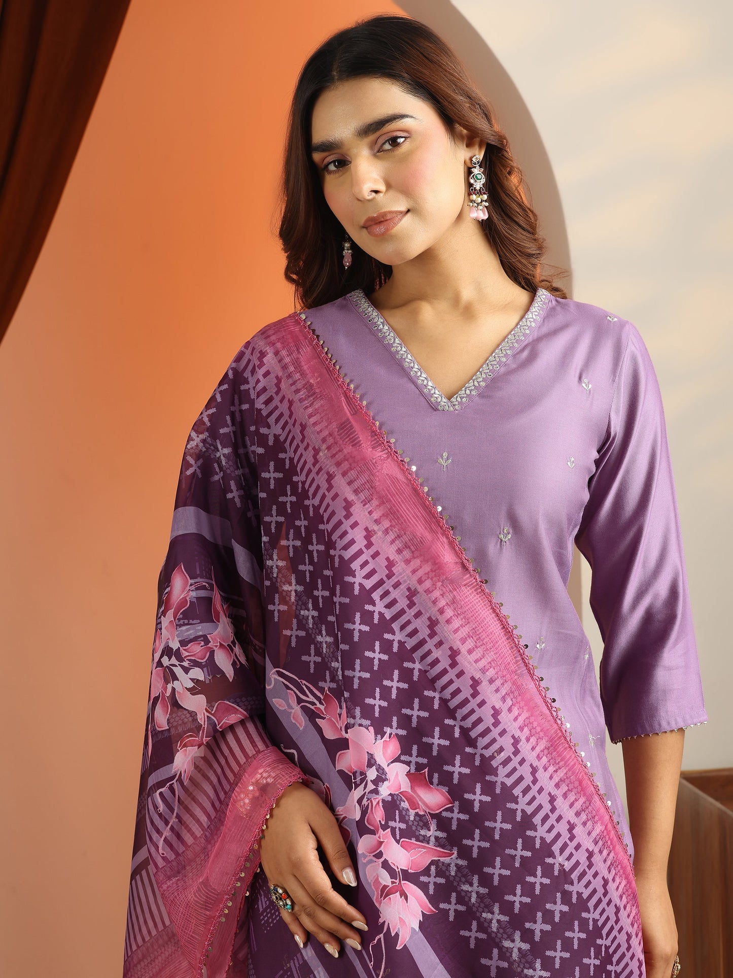 Mauve Embroidered Silk Blend Straight Suit Set With Dupatta