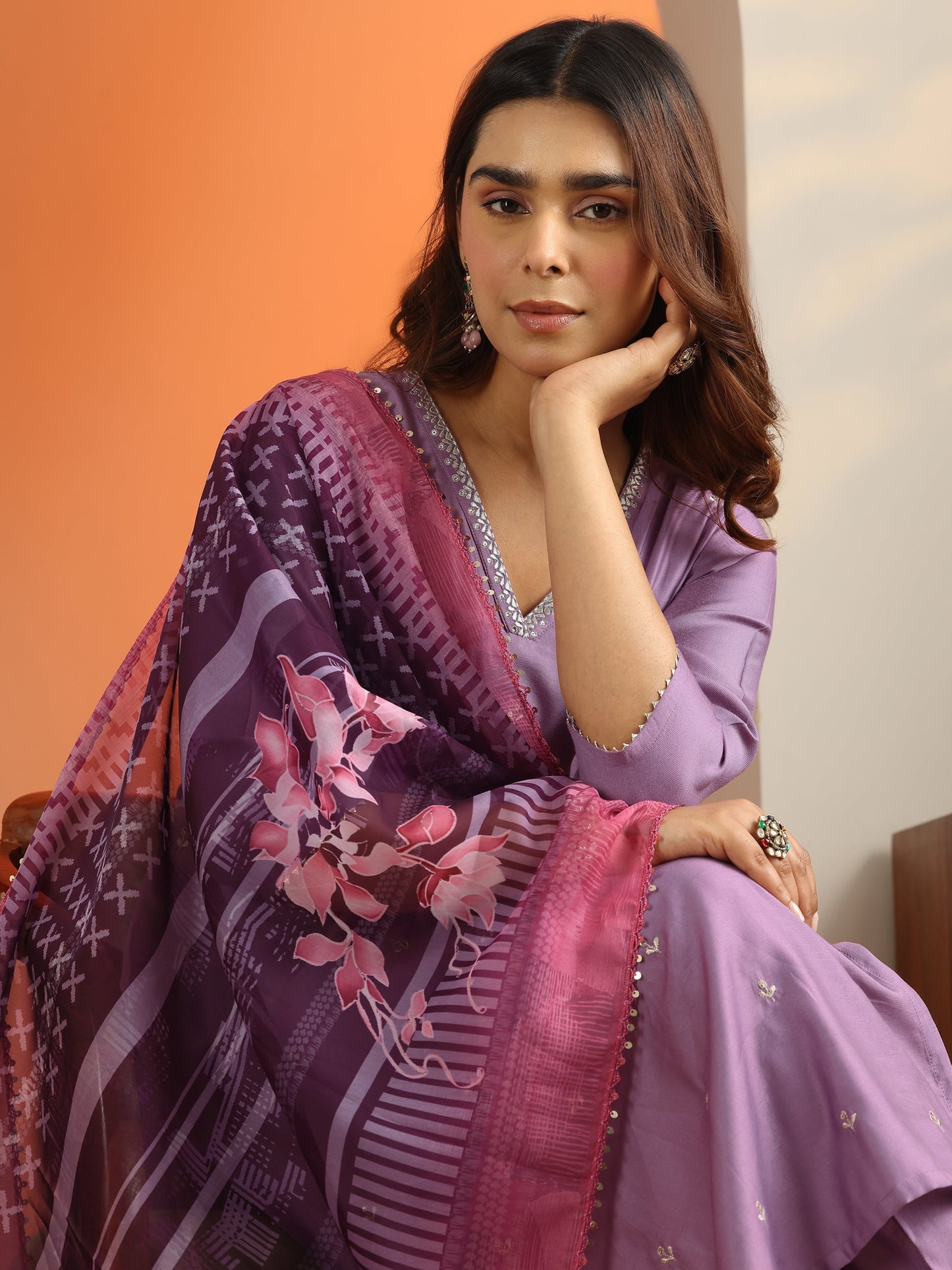 Mauve Embroidered Silk Blend Straight Suit Set With Dupatta