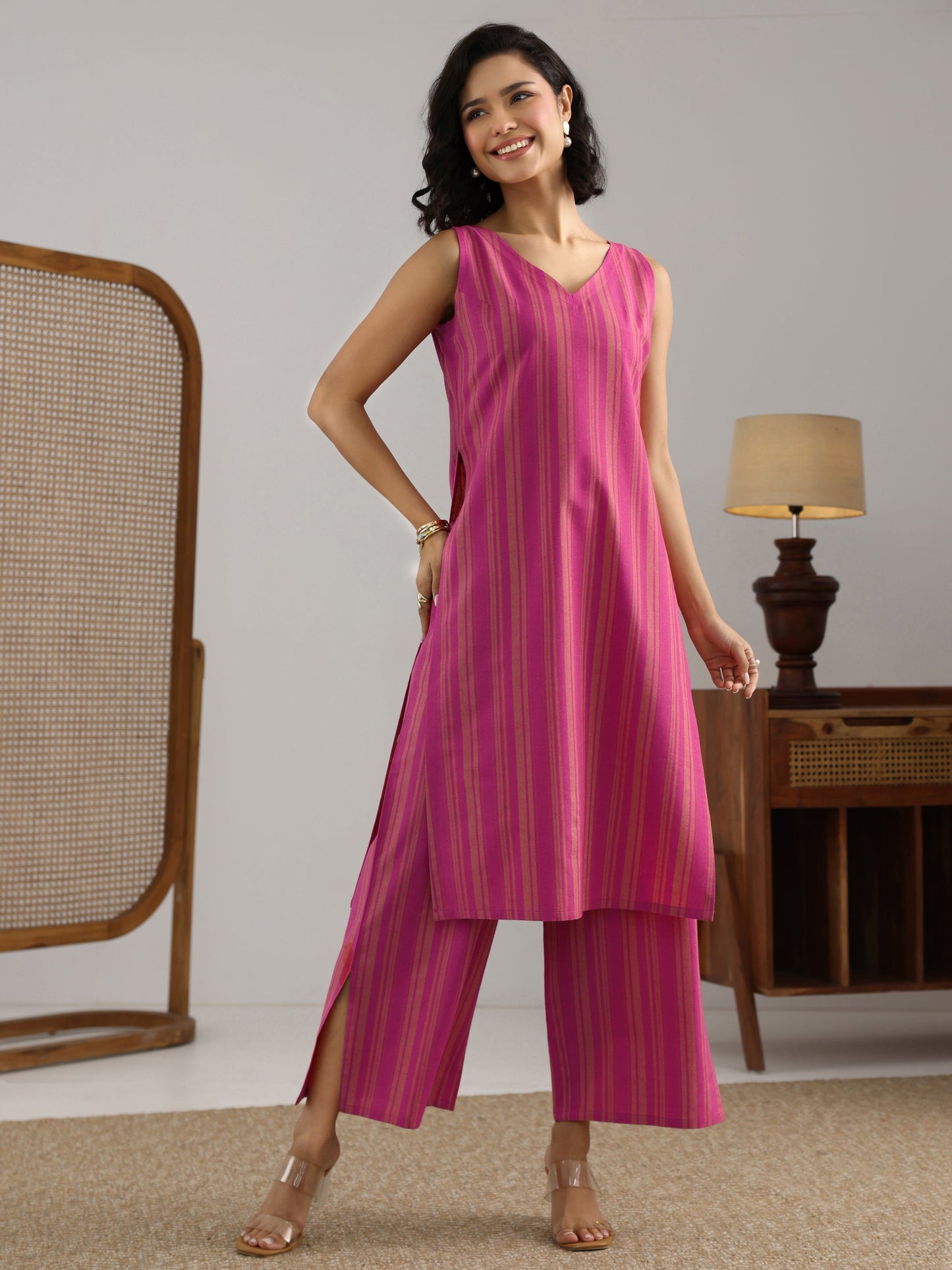 Pink Printed Cotton Blend Straight Kurta Set