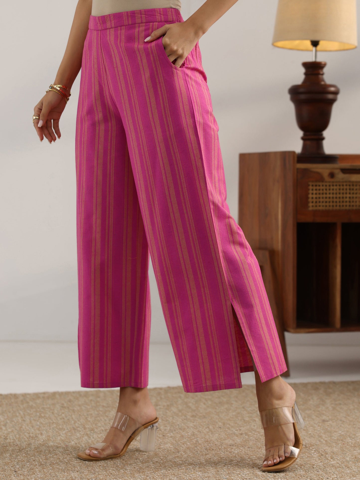 Pink Printed Cotton Blend Straight Kurta Set