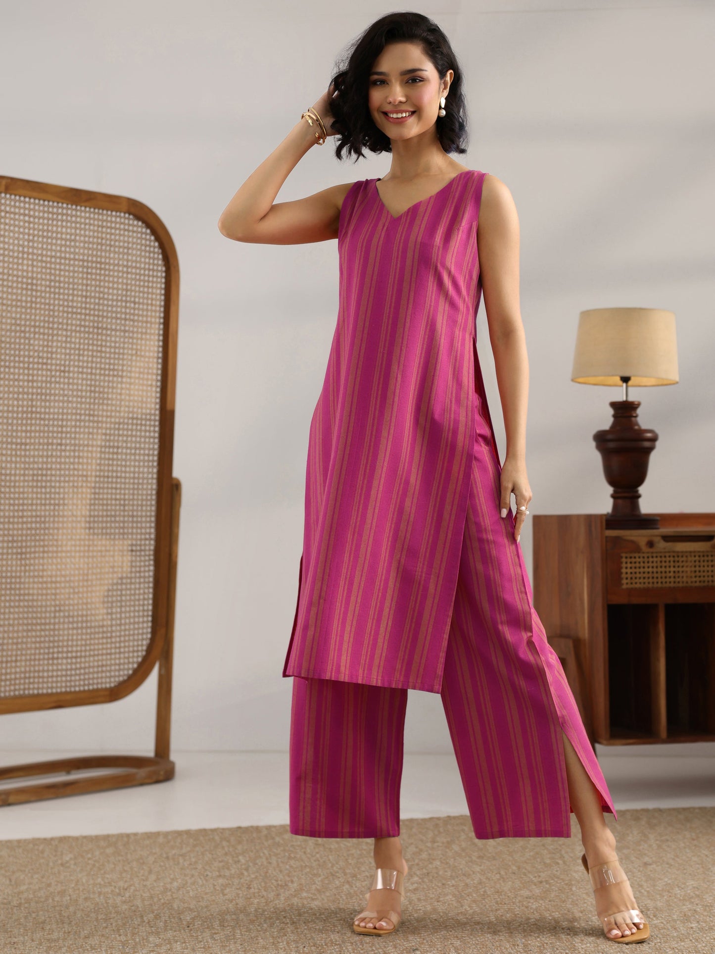 Pink Printed Cotton Blend Straight Kurta Set