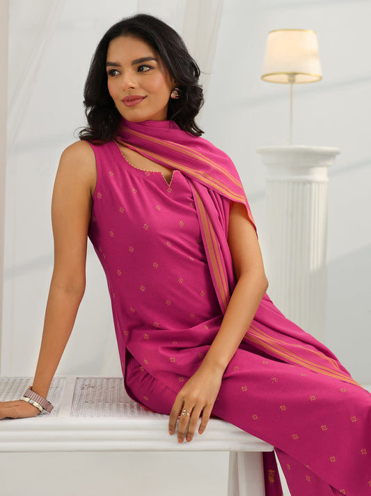 Pink Woven Design Cotton Blend Straight Suit Set With Dupatta
