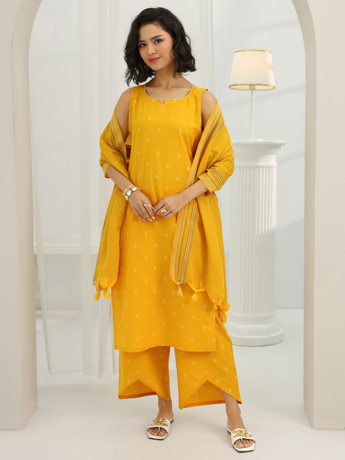 Yellow Woven Design Cotton Blend Straight Suit Set With Dupatta
