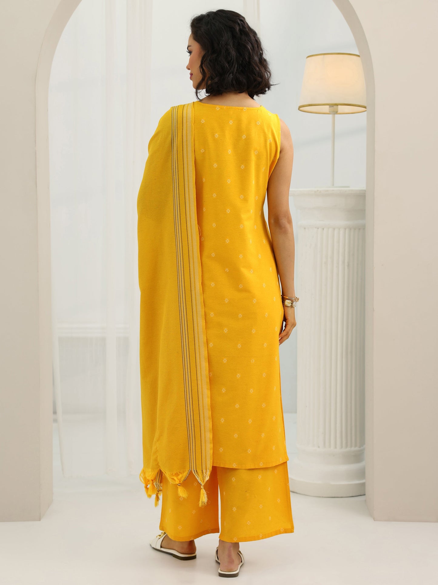Yellow Woven Design Cotton Blend Straight Suit Set With Dupatta