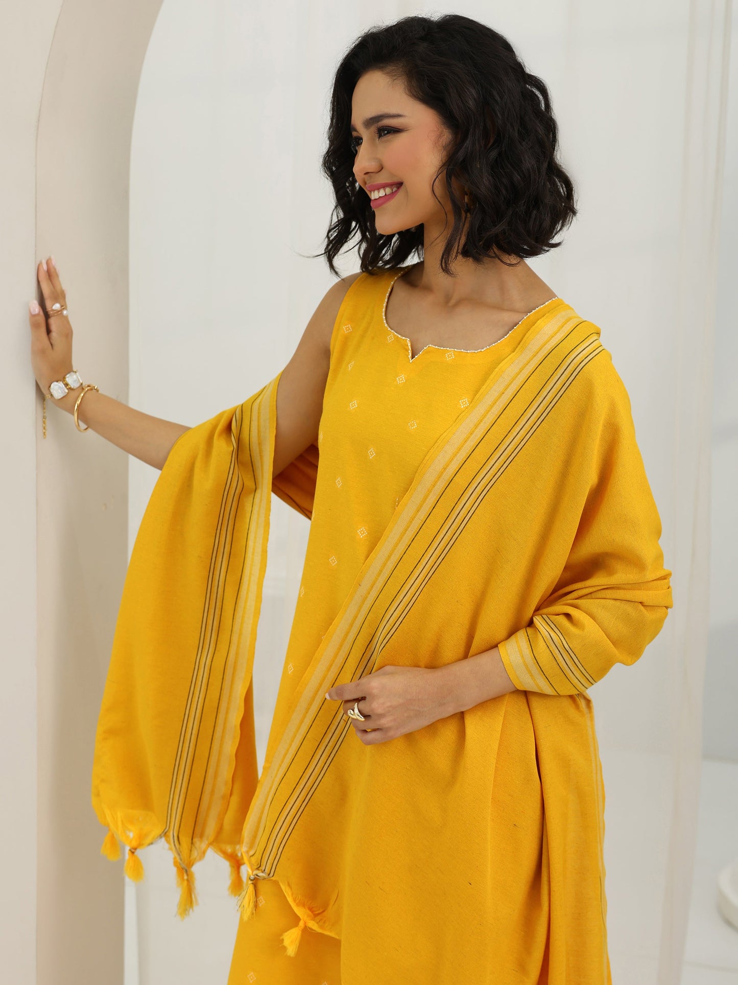 Yellow Woven Design Cotton Blend Straight Suit Set With Dupatta