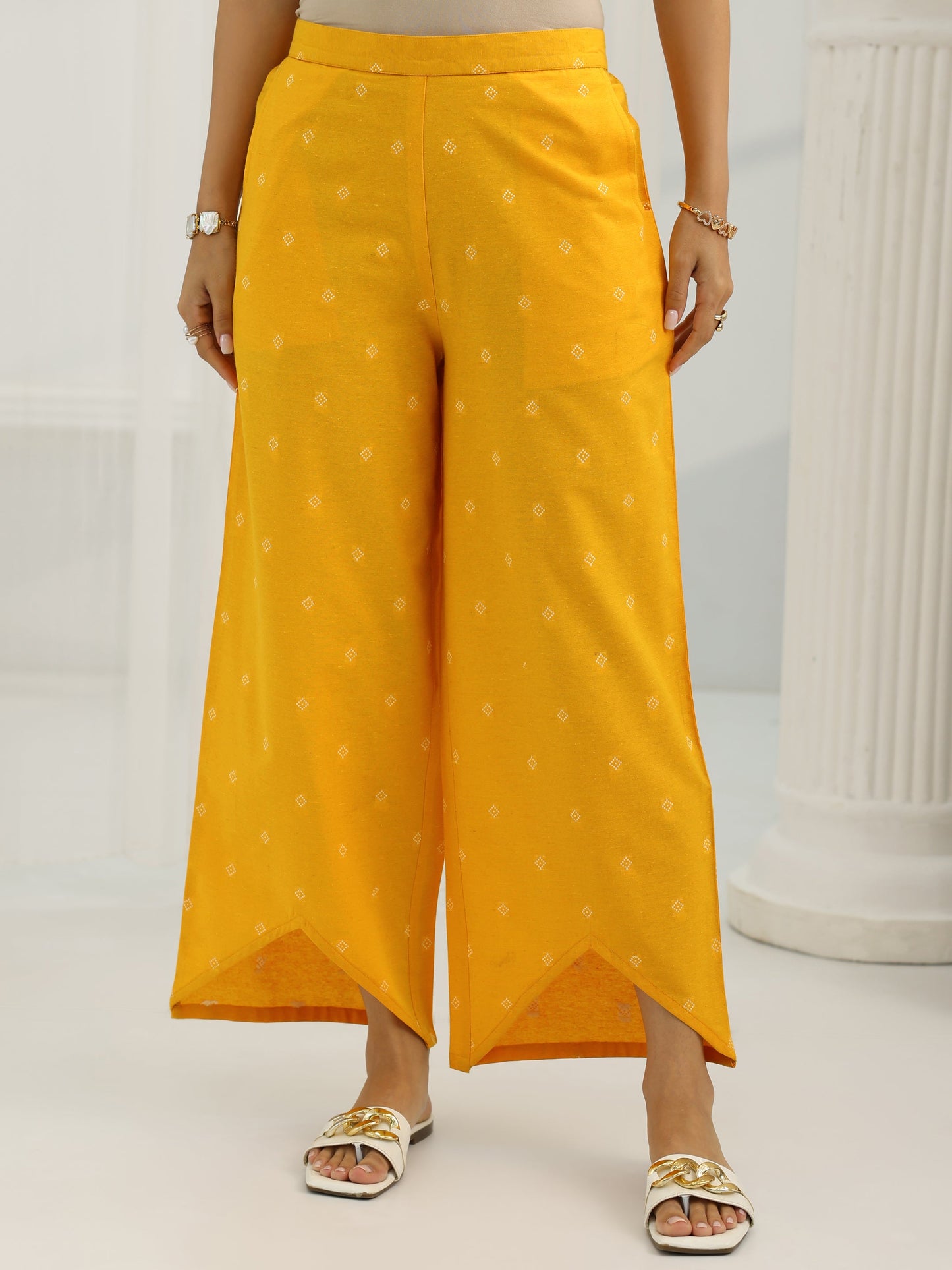 Yellow Woven Design Cotton Blend Straight Suit Set With Dupatta