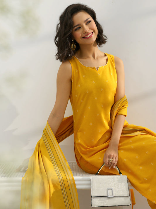 Yellow Woven Design Cotton Blend Straight Suit Set With Dupatta