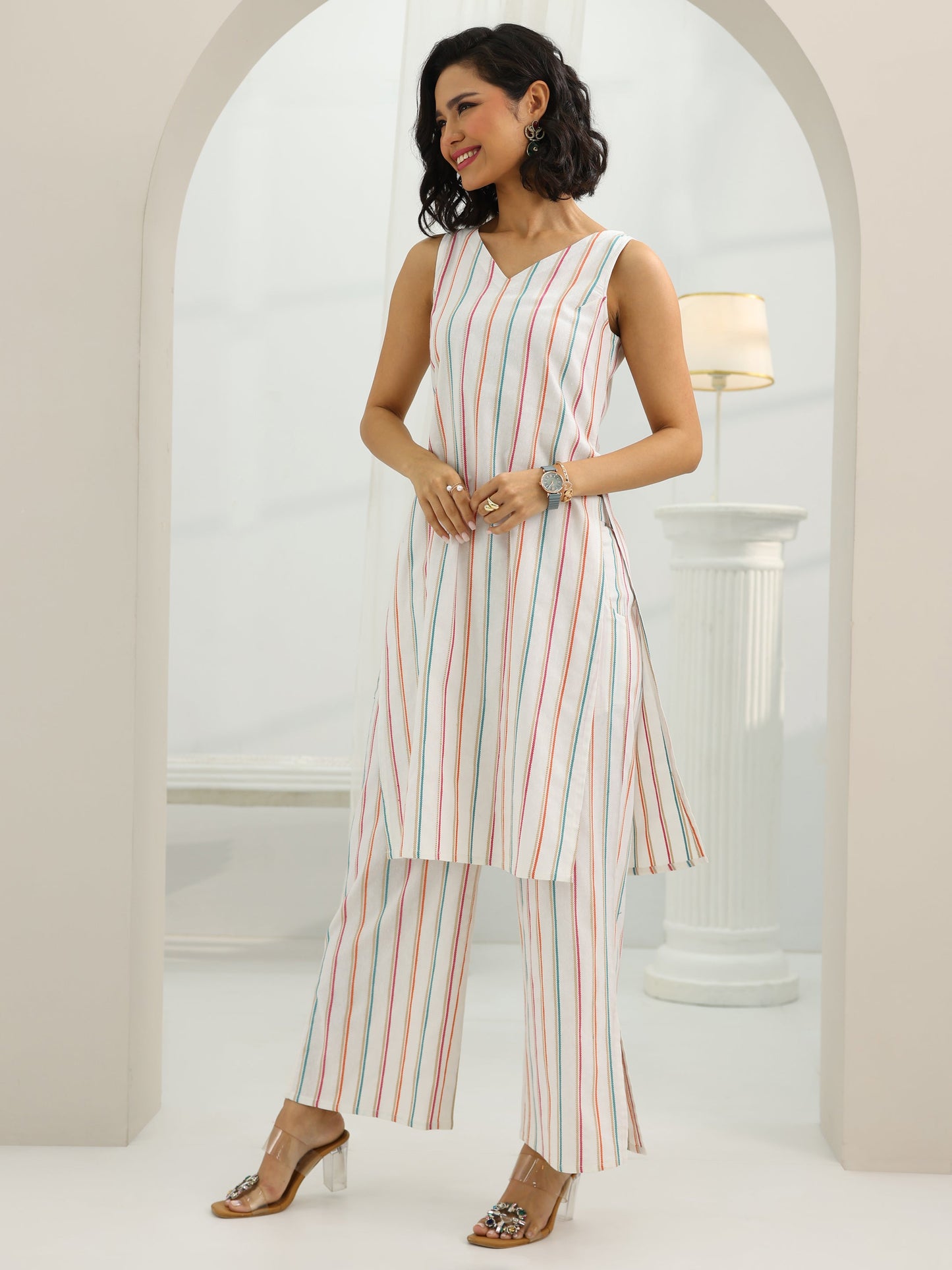 White Woven Design Cotton Blend Straight Suit Set With Dupatta