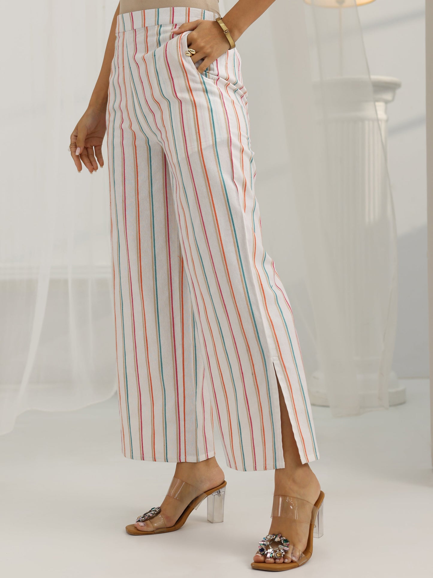 White Woven Design Cotton Blend Straight Suit Set With Dupatta