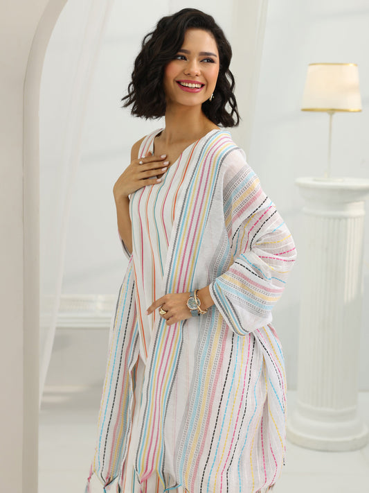 White Woven Design Cotton Blend Straight Suit Set With Dupatta