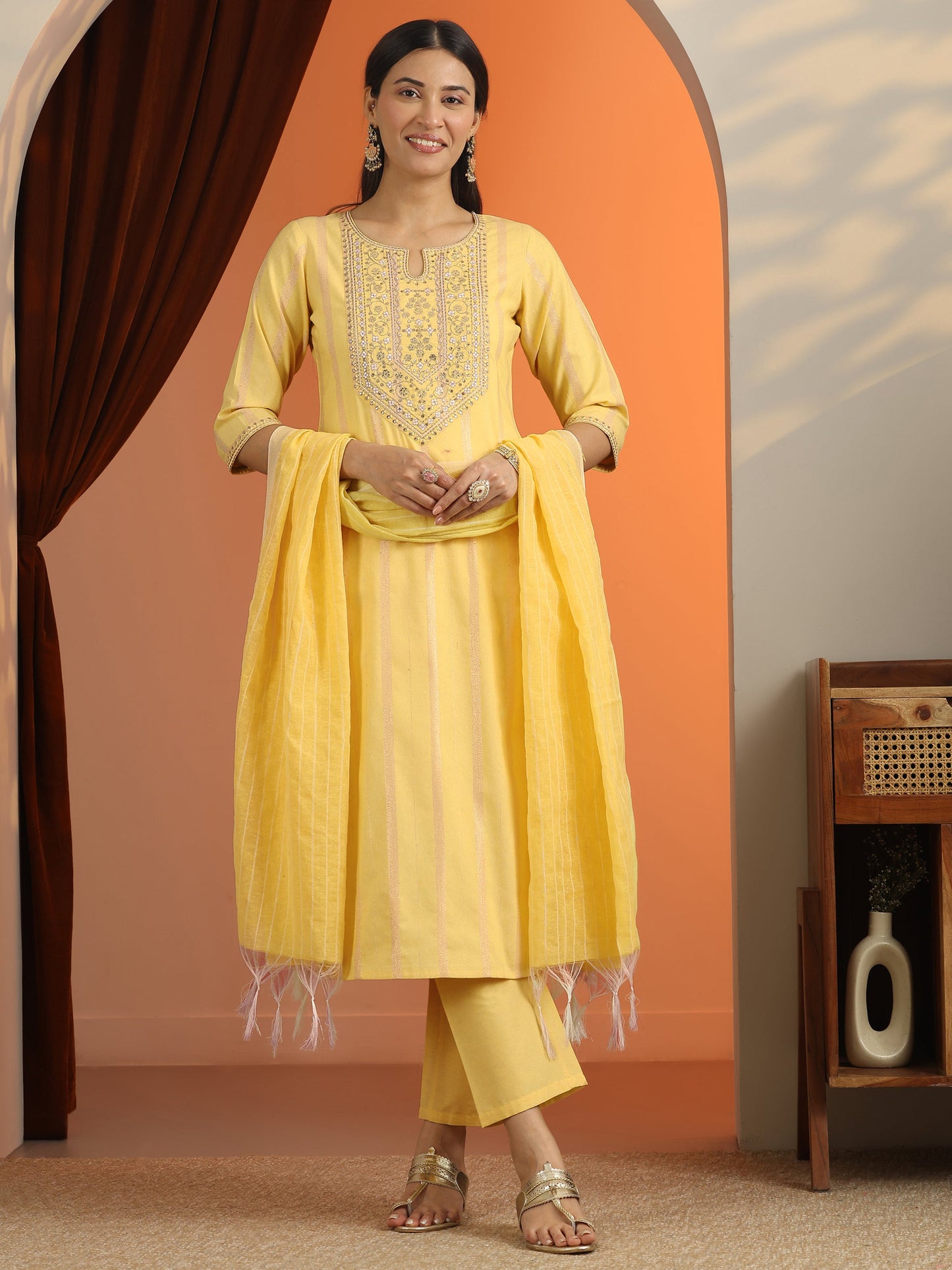 Yellow Embroidered Cotton Blend Straight Suit Set With Dupatta