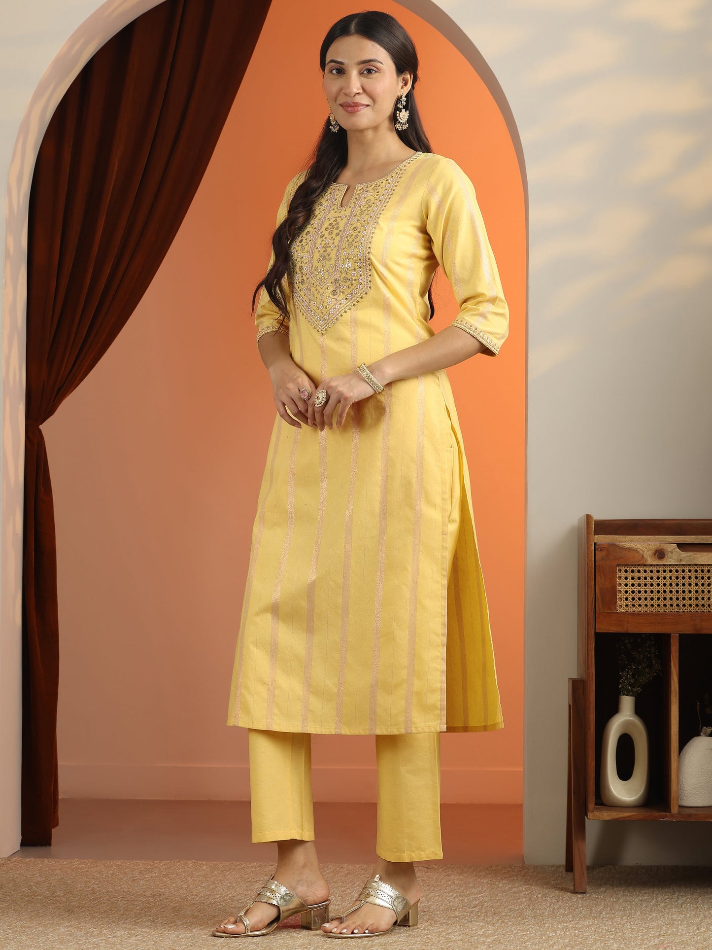 Yellow Embroidered Cotton Blend Straight Suit Set With Dupatta