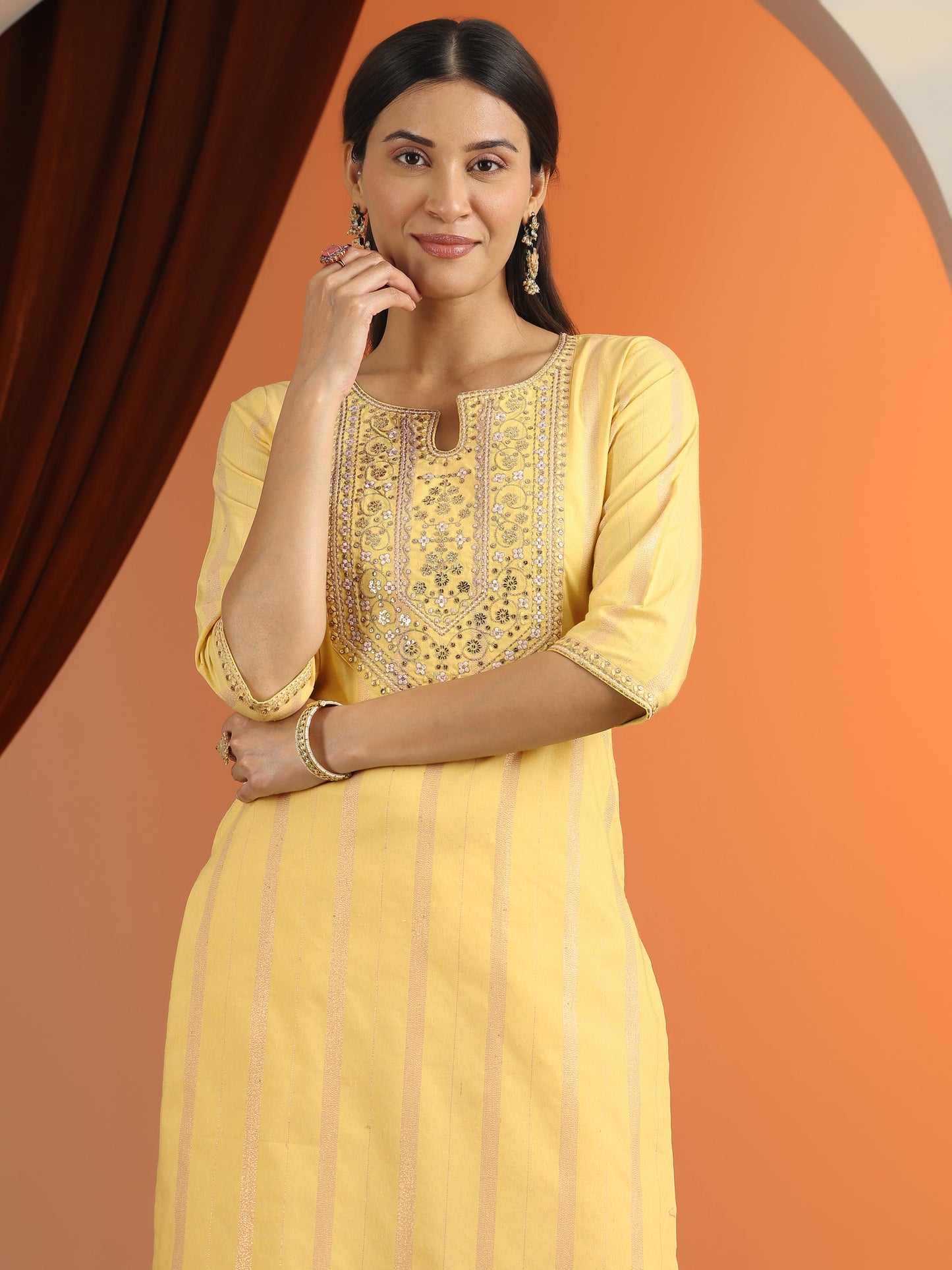 Yellow Embroidered Cotton Blend Straight Suit Set With Dupatta