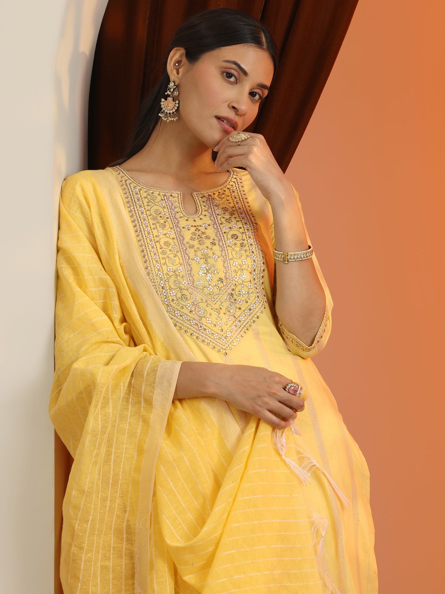Yellow Embroidered Cotton Blend Straight Suit Set With Dupatta