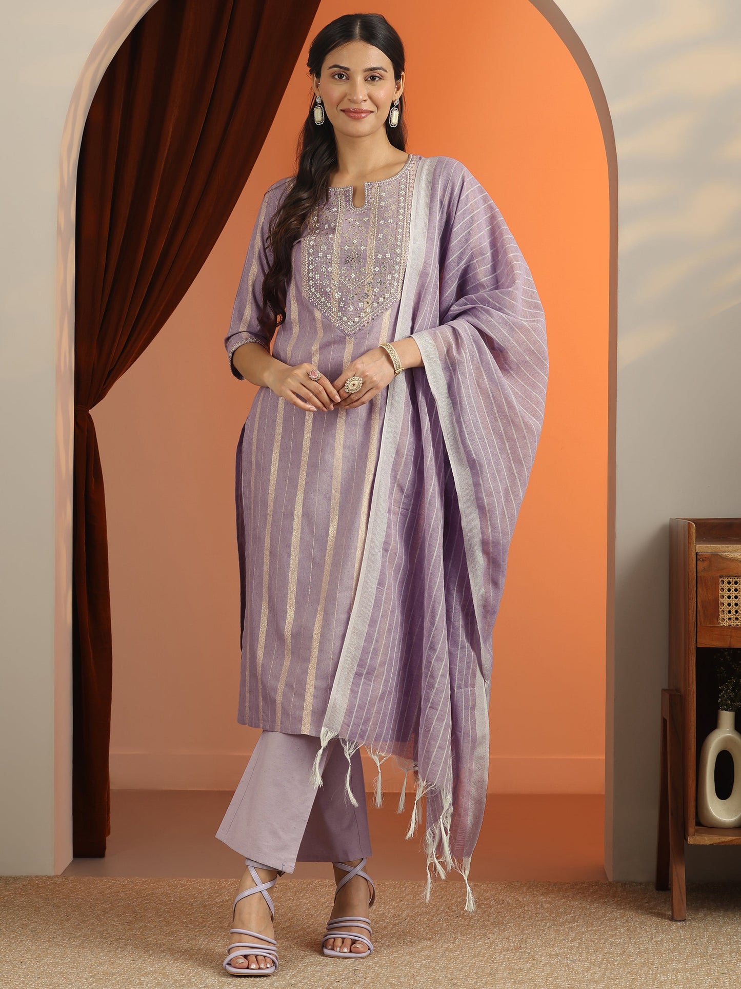 Purple Embroidered Cotton Blend Straight Suit Set With Dupatta