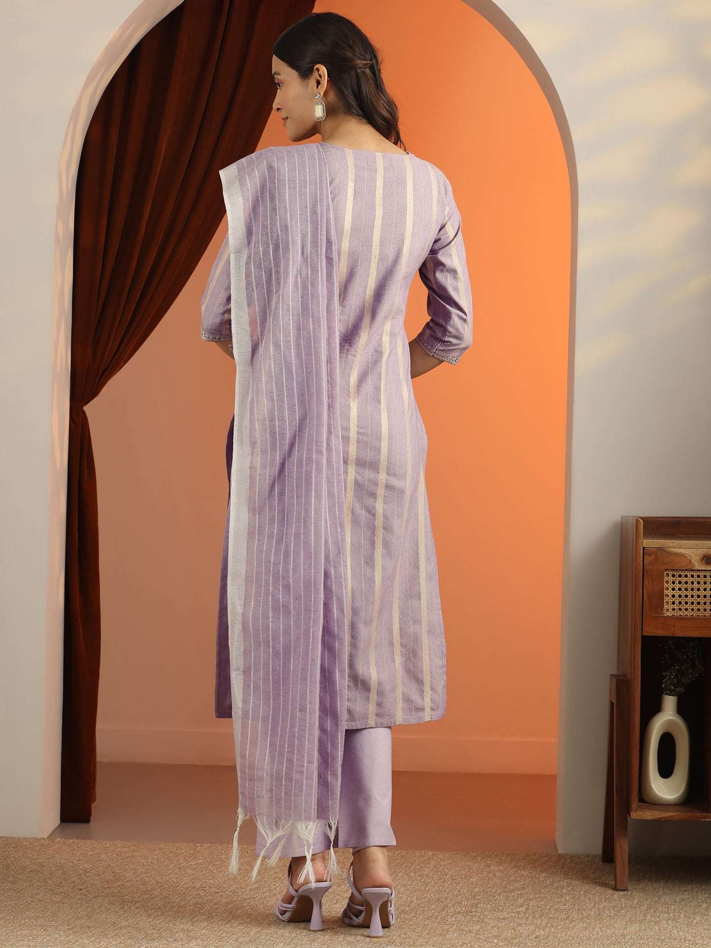 Purple Embroidered Cotton Blend Straight Suit Set With Dupatta