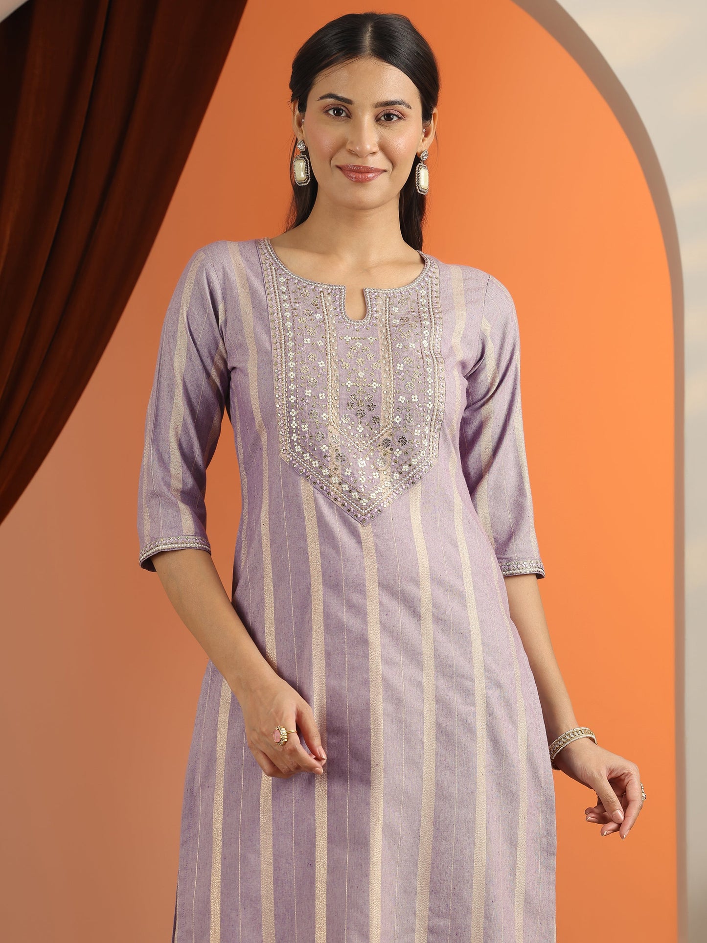 Purple Embroidered Cotton Blend Straight Suit Set With Dupatta