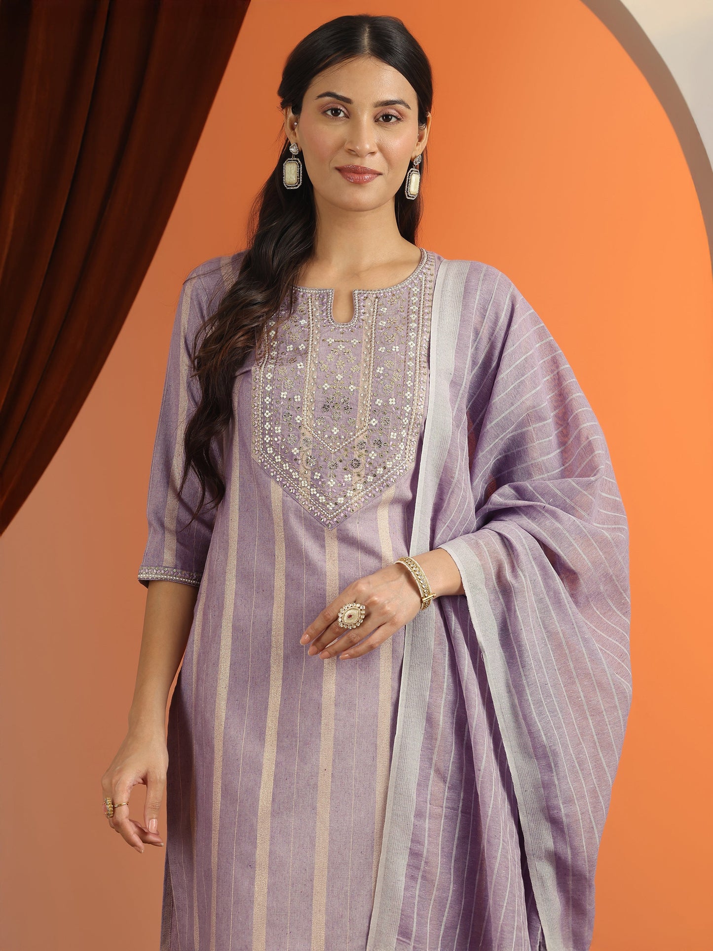 Purple Embroidered Cotton Blend Straight Suit Set With Dupatta