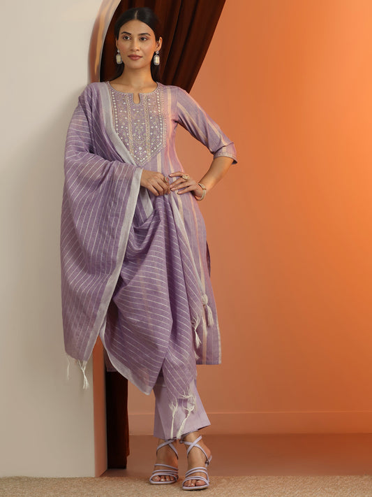 Purple Embroidered Cotton Blend Straight Suit Set With Dupatta