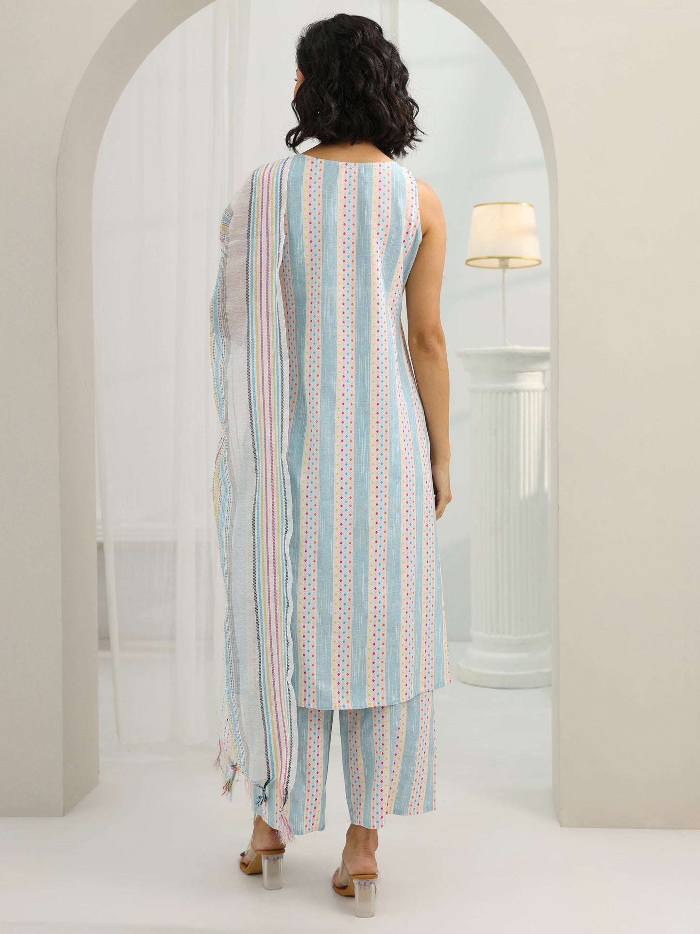 Blue Woven Design Cotton Blend Straight Suit Set With Dupatta