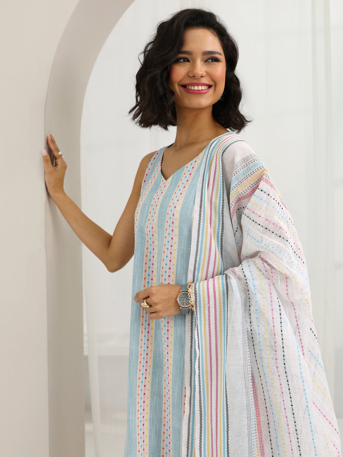 Blue Woven Design Cotton Blend Straight Suit Set With Dupatta